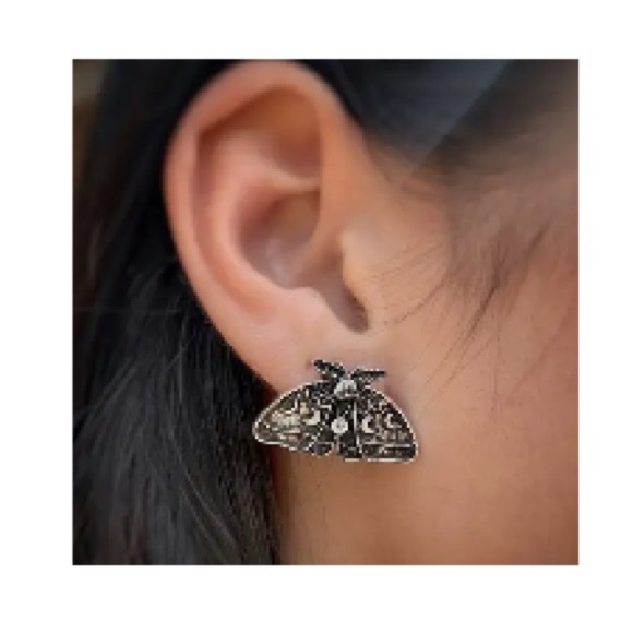 Boho Black and Silver Moth Design Earrings - Picture 1 of 5